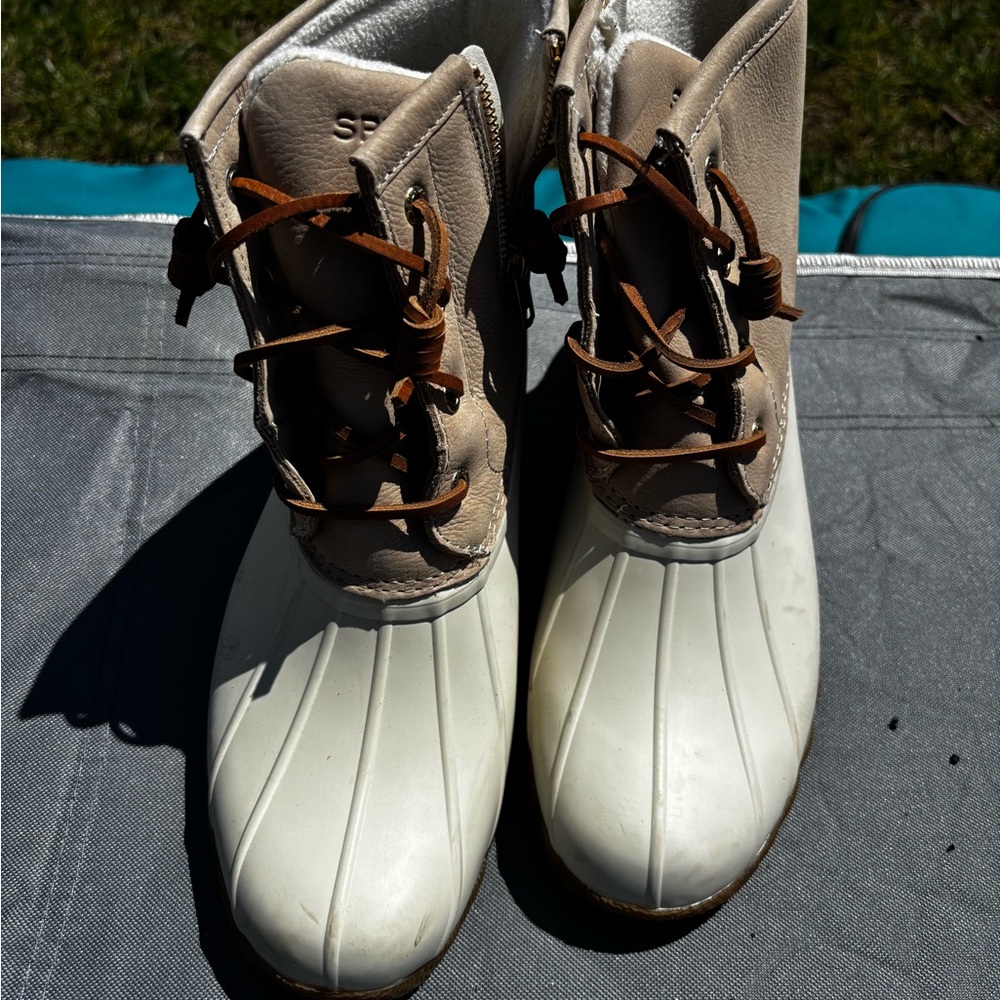 Sperry Tan and White Duck Boots